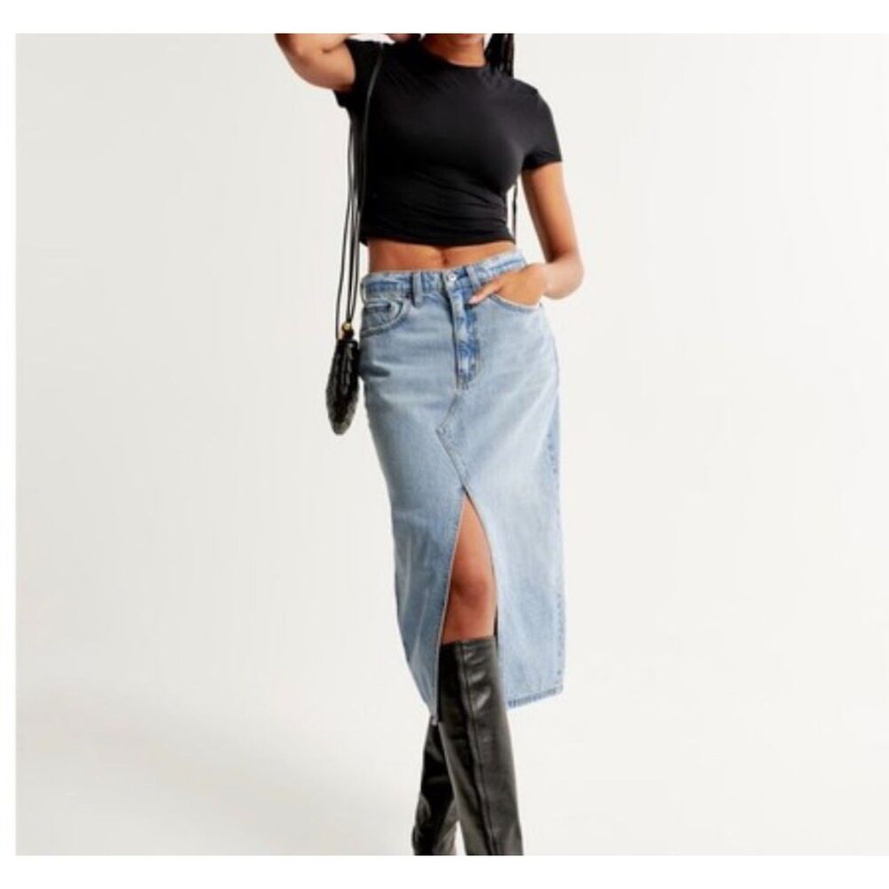 High Rise Denim Midi Jean Skirt Front Slit Abercrombie & Fitch Size 33/16 - Picture 1 of 8